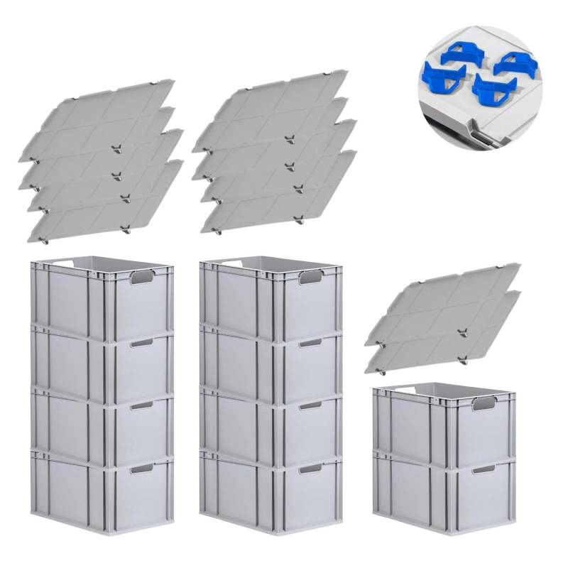 PROREGAL Spar Set 10x Eurobox Nextgen Economy Mit Auflagedeckel & 4x Schiebeschnappverschlüsse Blau Griffe Offen HxBxT 32 x 40 x 60 cm 65 Liter von PROREGAL