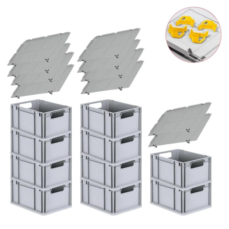 PROREGAL Spar Set 10x Eurobox Nextgen Economy Mit Auflagedeckel & 4x Schiebeschnappverschlüsse Gelb Griffe Offen HxBxT 22 x 30 x 40 cm 20 Liter von PROREGAL