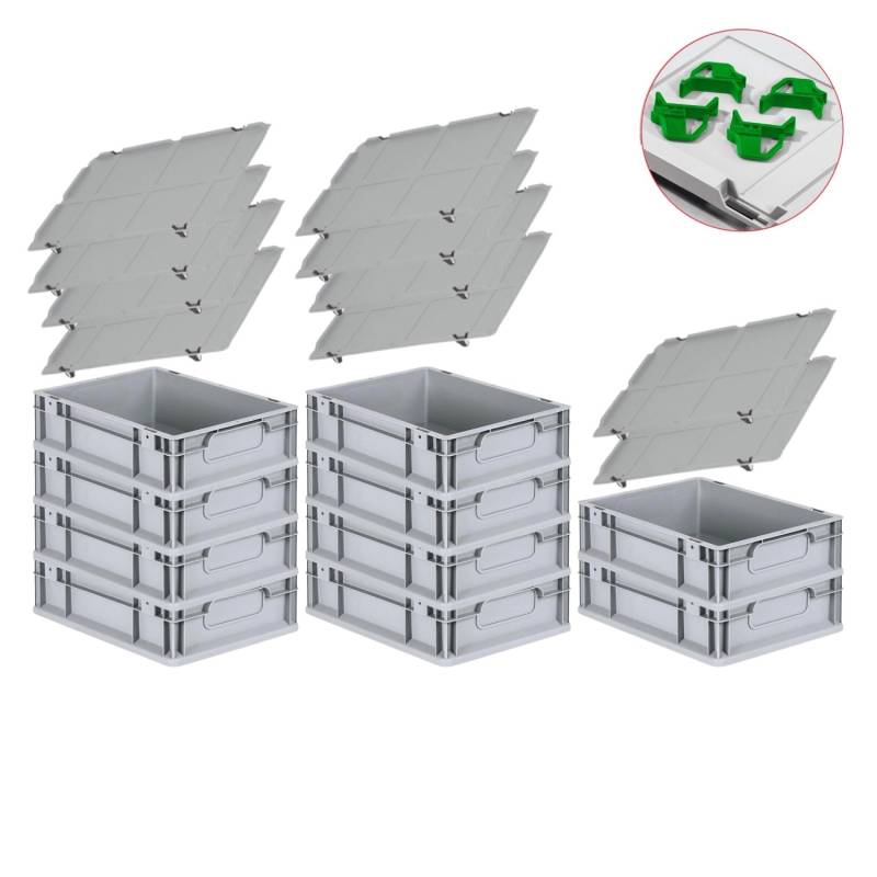 PROREGAL Spar Set 10x Eurobox Nextgen Economy Mit Auflagedeckel & 4x Schiebeschnappverschlüsse Grün Griffe Geschlossen HxBxT 12 x 30 x 40 cm 11 Liter von PROREGAL