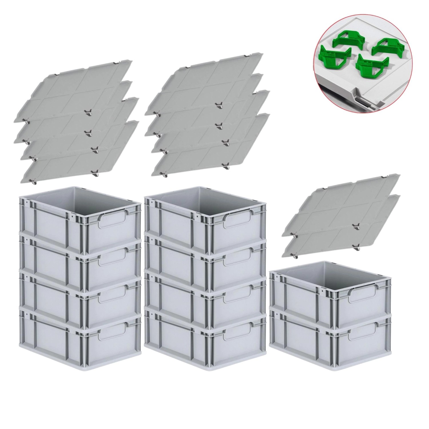 PROREGAL Spar Set 10x Eurobox Nextgen Economy Mit Auflagedeckel & 4x Schiebeschnappverschlüsse Grün Griffe Geschlossen HxBxT 17 x 30 x 40 cm 16 Liter von PROREGAL