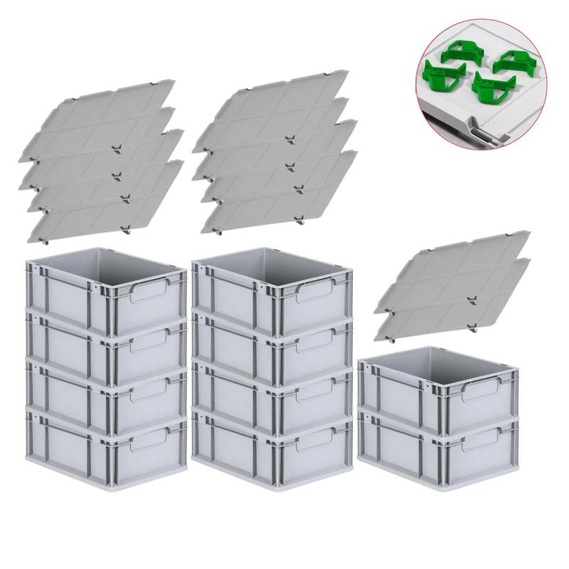 PROREGAL Spar Set 10x Eurobox Nextgen Economy Mit Auflagedeckel & 4x Schiebeschnappverschlüsse Grün Griffe Geschlossen HxBxT 17 x 30 x 40 cm 16 Liter von PROREGAL