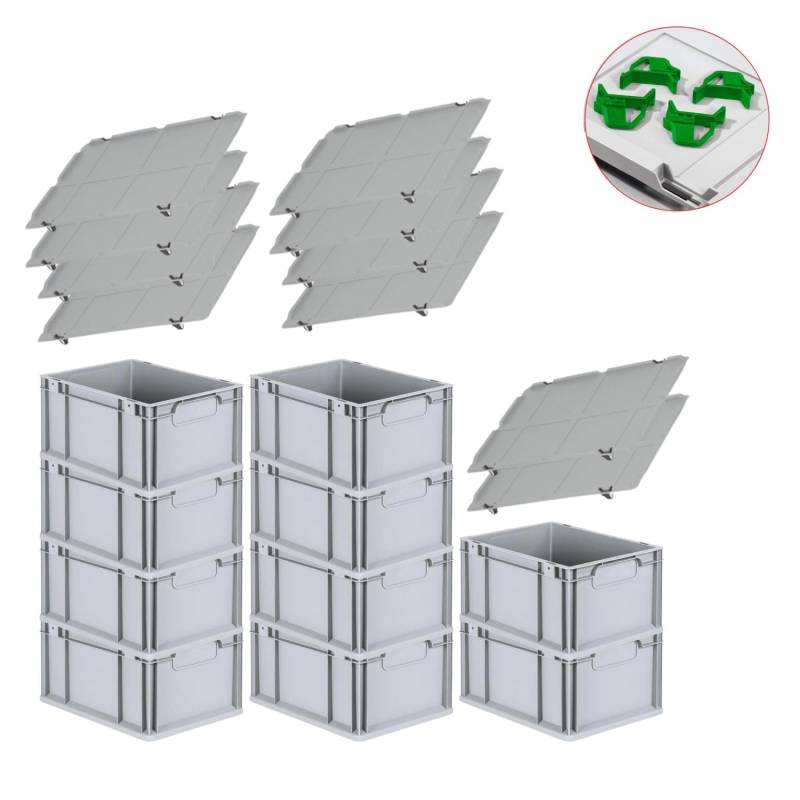 PROREGAL Spar Set 10x Eurobox Nextgen Economy Mit Auflagedeckel & 4x Schiebeschnappverschlüsse Grün Griffe Geschlossen HxBxT 22 x 30 x 40 cm 20 Liter von PROREGAL
