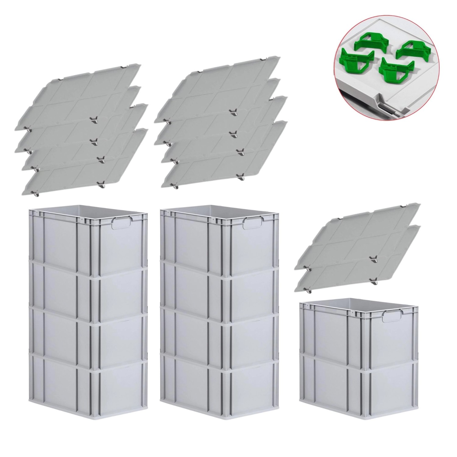 PROREGAL Spar Set 10x Eurobox Nextgen Economy Mit Auflagedeckel & 4x Schiebeschnappverschlüsse Grün Griffe Geschlossen HxBxT 32 x 40 x 60 cm 65 Liter von PROREGAL