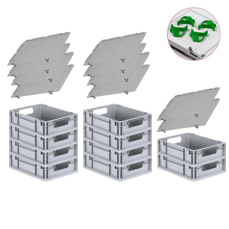 PROREGAL Spar Set 10x Eurobox Nextgen Economy Mit Auflagedeckel & 4x Schiebeschnappverschlüsse Grün Griffe Offen HxBxT 12 x 30 x 40 cm 11 Liter von PROREGAL