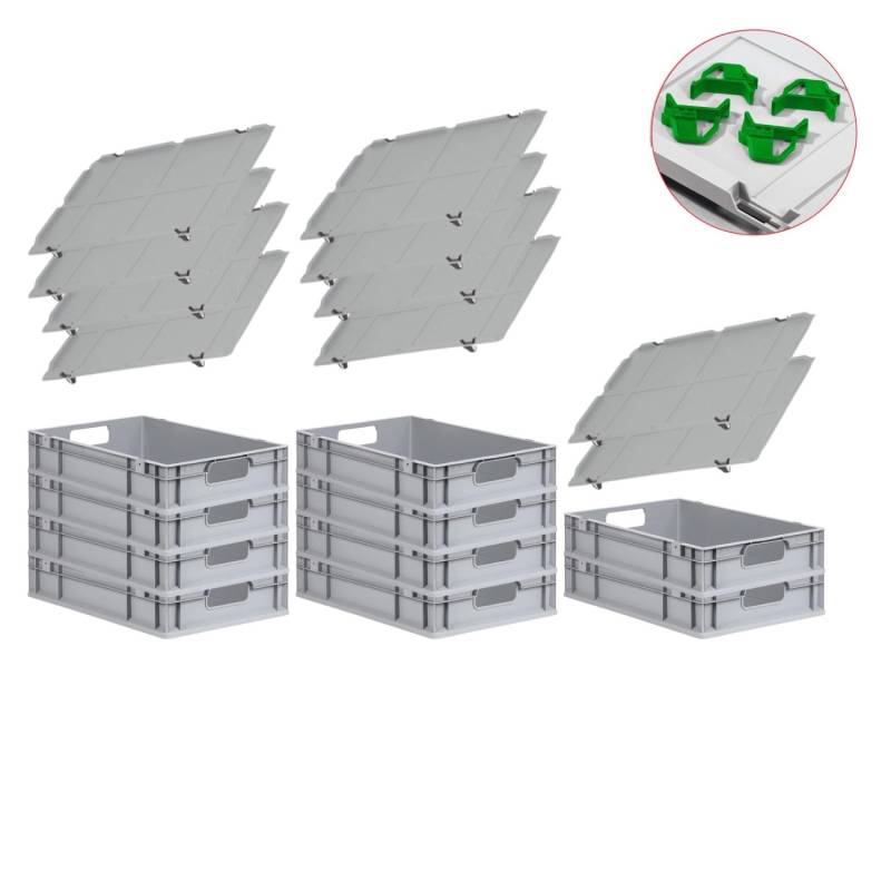 PROREGAL Spar Set 10x Eurobox Nextgen Economy Mit Auflagedeckel & 4x Schiebeschnappverschlüsse Grün Griffe Offen HxBxT 12 x 40 x 60 cm 23 Liter von PROREGAL