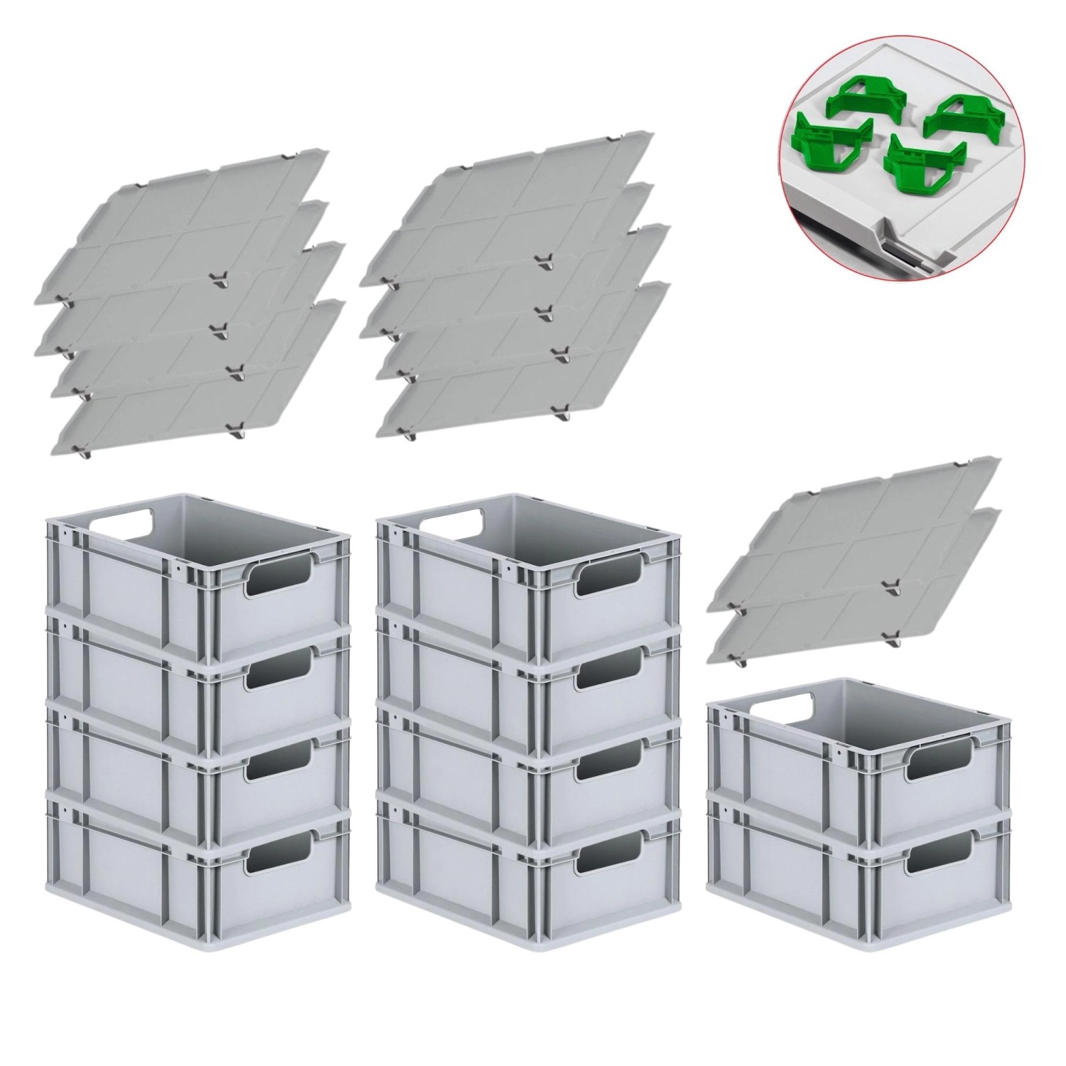 PROREGAL Spar Set 10x Eurobox Nextgen Economy Mit Auflagedeckel & 4x Schiebeschnappverschlüsse Grün Griffe Offen HxBxT 17 x 30 x 40 cm 16 Liter von PROREGAL