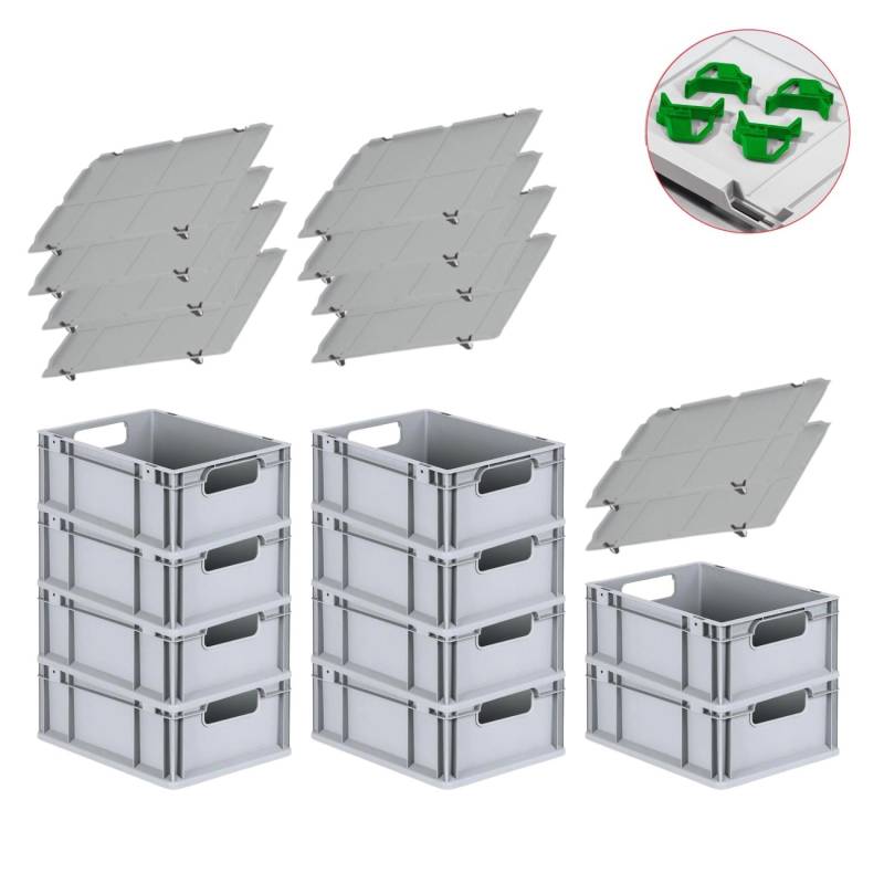 PROREGAL Spar Set 10x Eurobox Nextgen Economy Mit Auflagedeckel & 4x Schiebeschnappverschlüsse Grün Griffe Offen HxBxT 17 x 30 x 40 cm 16 Liter von PROREGAL