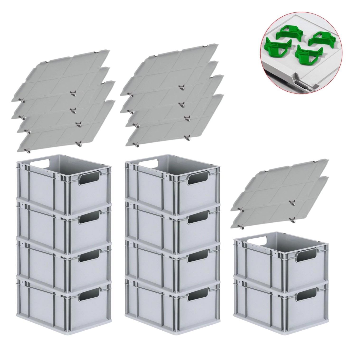 PROREGAL Spar Set 10x Eurobox Nextgen Economy Mit Auflagedeckel & 4x Schiebeschnappverschlüsse Grün Griffe Offen HxBxT 22 x 30 x 40 cm 20 Liter von PROREGAL