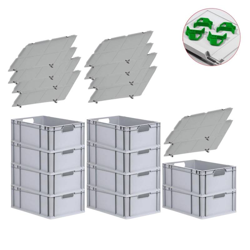 PROREGAL Spar Set 10x Eurobox Nextgen Economy Mit Auflagedeckel & 4x Schiebeschnappverschlüsse Grün Griffe Offen HxBxT 22 x 40 x 60 cm 44 Liter von PROREGAL