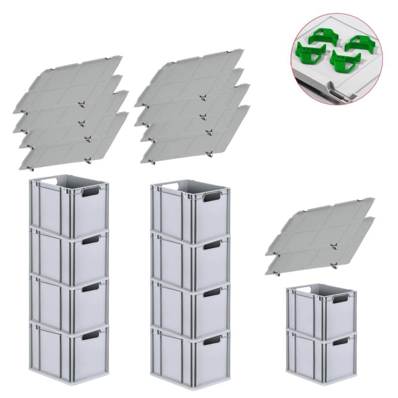 PROREGAL Spar Set 10x Eurobox Nextgen Economy Mit Auflagedeckel & 4x Schiebeschnappverschlüsse Grün Griffe Offen HxBxT 32 x 30 x 40 cm 30 Liter von PROREGAL