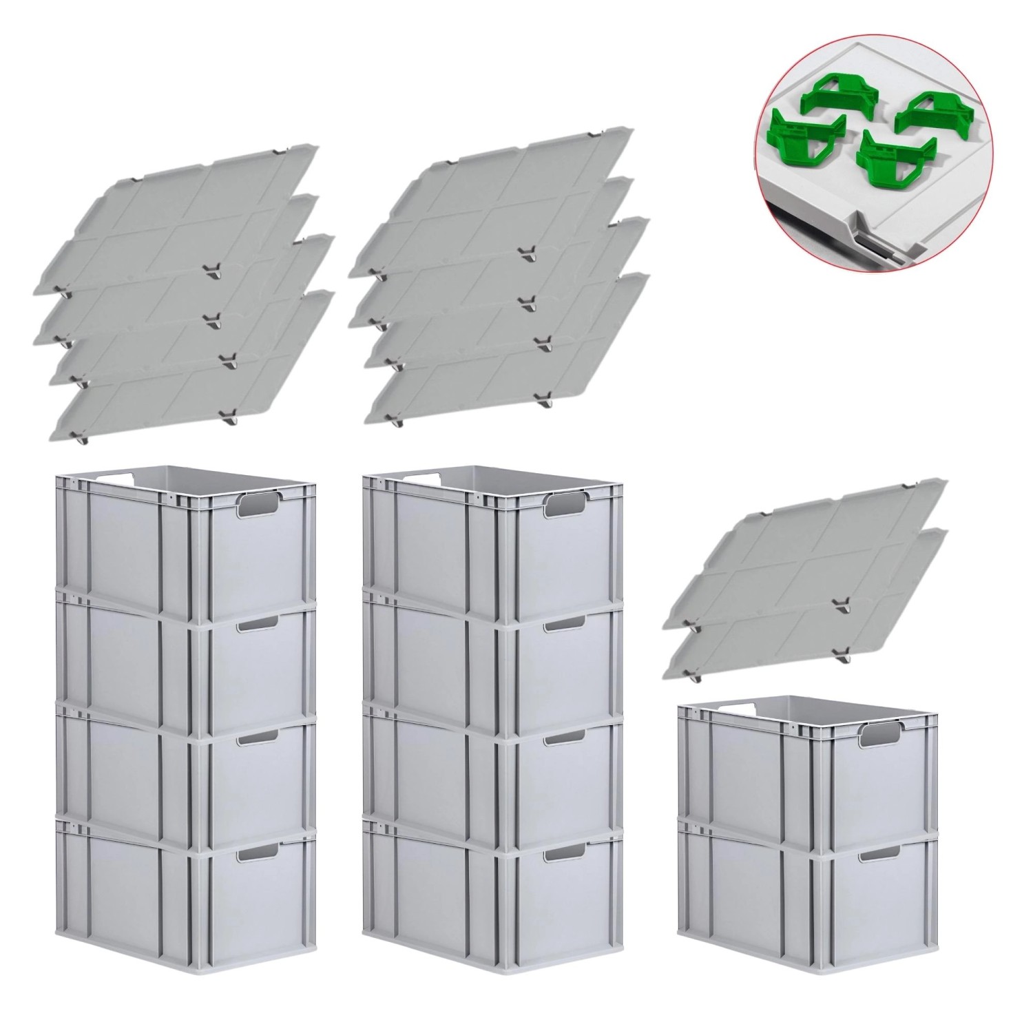 PROREGAL Spar Set 10x Eurobox Nextgen Economy Mit Auflagedeckel & 4x Schiebeschnappverschlüsse Grün Griffe Offen HxBxT 32 x 40 x 60 cm 65 Liter von PROREGAL