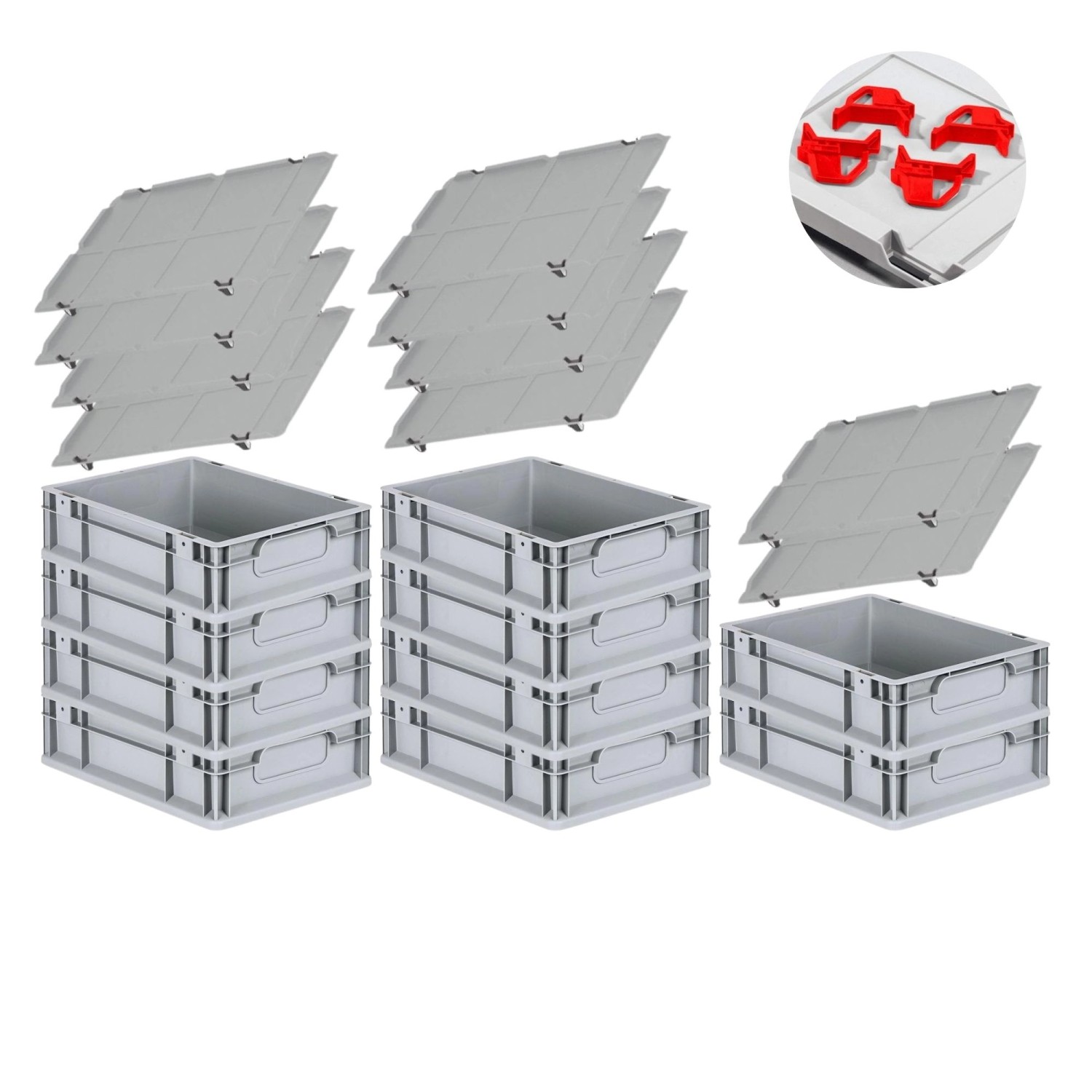 PROREGAL Spar Set 10x Eurobox Nextgen Economy Mit Auflagedeckel & 4x Schiebeschnappverschlüsse Rot Griffe Geschlossen HxBxT 12 x 30 x 40 cm 11 Liter von PROREGAL