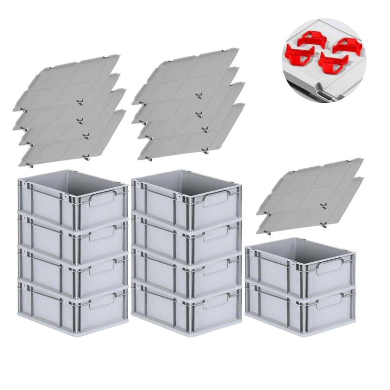 PROREGAL Spar Set 10x Eurobox Nextgen Economy Mit Auflagedeckel & 4x Schiebeschnappverschlüsse Rot Griffe Geschlossen HxBxT 17 x 30 x 40 cm 16 Liter von PROREGAL