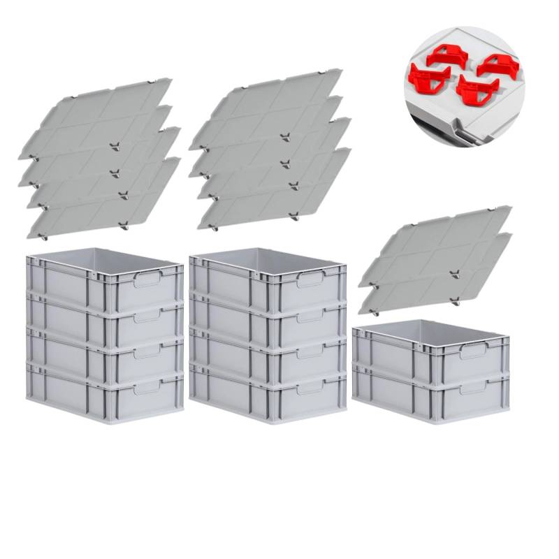 PROREGAL Spar Set 10x Eurobox Nextgen Economy Mit Auflagedeckel & 4x Schiebeschnappverschlüsse Rot Griffe Geschlossen HxBxT 17 x 40 x 60 cm 34 Liter von PROREGAL
