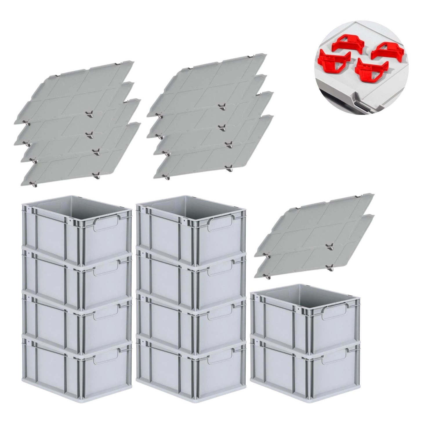 PROREGAL Spar Set 10x Eurobox Nextgen Economy Mit Auflagedeckel & 4x Schiebeschnappverschlüsse Rot Griffe Geschlossen HxBxT 22 x 30 x 40 cm 20 Liter von PROREGAL