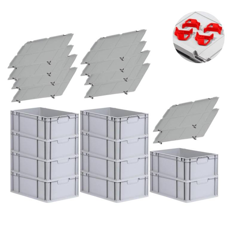 PROREGAL Spar Set 10x Eurobox Nextgen Economy Mit Auflagedeckel & 4x Schiebeschnappverschlüsse Rot Griffe Geschlossen HxBxT 22 x 40 x 60 cm 44 Liter von PROREGAL