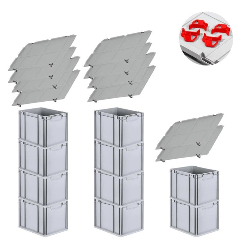 PROREGAL Spar Set 10x Eurobox Nextgen Economy Mit Auflagedeckel & 4x Schiebeschnappverschlüsse Rot Griffe Geschlossen HxBxT 32 x 30 x 40 cm 30 Liter von PROREGAL