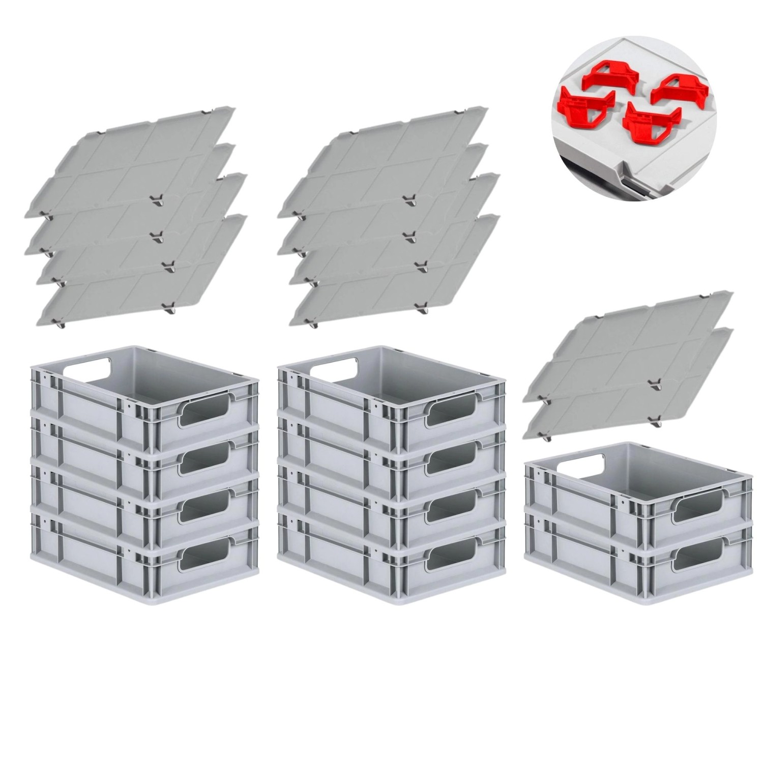 PROREGAL Spar Set 10x Eurobox Nextgen Economy Mit Auflagedeckel & 4x Schiebeschnappverschlüsse Rot Griffe Offen HxBxT 12 x 30 x 40 cm 11 Liter von PROREGAL