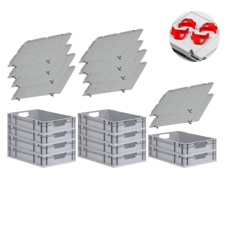 PROREGAL Spar Set 10x Eurobox Nextgen Economy Mit Auflagedeckel & 4x Schiebeschnappverschlüsse Rot Griffe Offen HxBxT 12 x 40 x 60 cm 23 Liter von PROREGAL