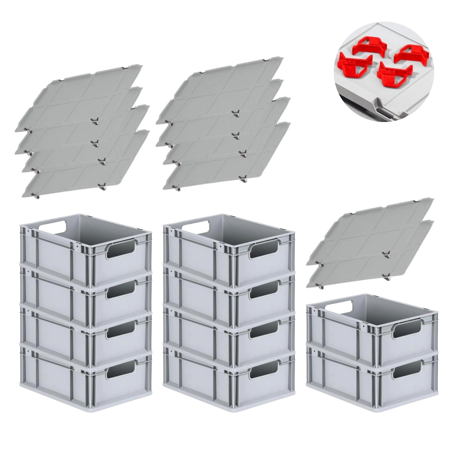 PROREGAL Spar Set 10x Eurobox Nextgen Economy Mit Auflagedeckel & 4x Schiebeschnappverschlüsse Rot Griffe Offen HxBxT 17 x 30 x 40 cm 16 Liter von PROREGAL