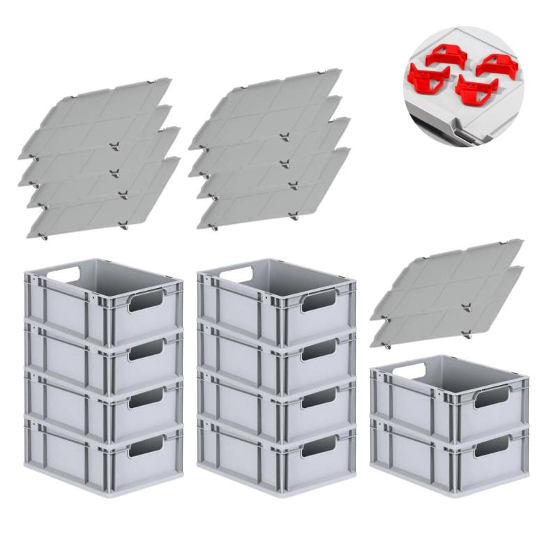 PROREGAL Spar Set 10x Eurobox Nextgen Economy Mit Auflagedeckel & 4x Schiebeschnappverschlüsse Rot Griffe Offen HxBxT 17 x 30 x 40 cm 16 Liter von PROREGAL