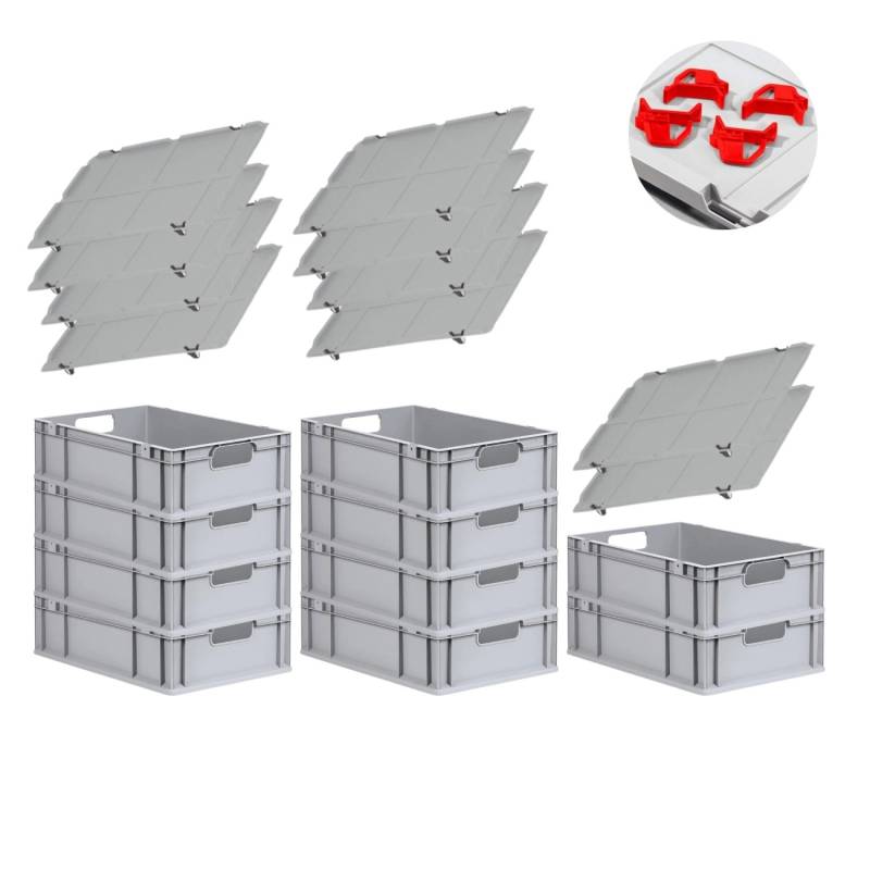 PROREGAL Spar Set 10x Eurobox Nextgen Economy Mit Auflagedeckel & 4x Schiebeschnappverschlüsse Rot Griffe Offen HxBxT 17 x 40 x 60 cm 34 Liter von PROREGAL