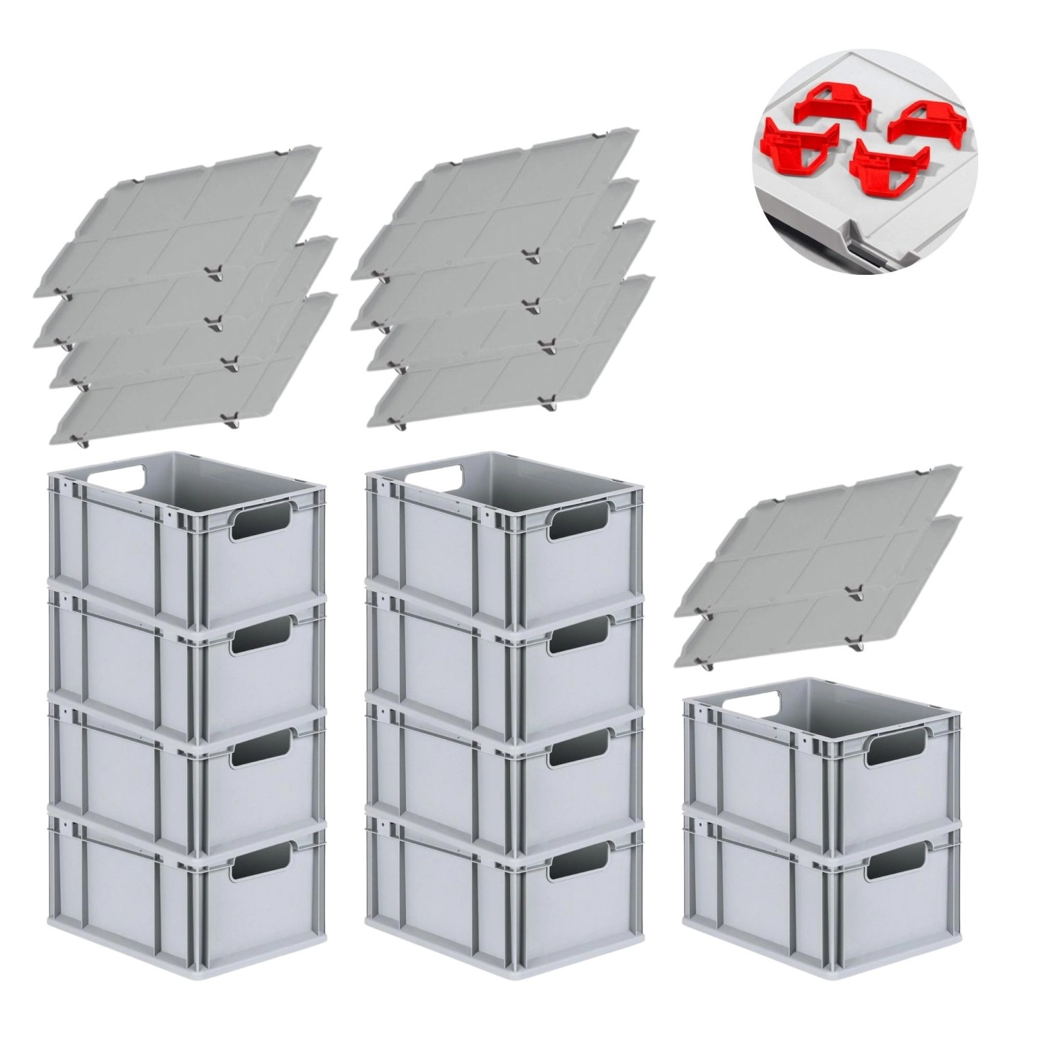 PROREGAL Spar Set 10x Eurobox Nextgen Economy Mit Auflagedeckel & 4x Schiebeschnappverschlüsse Rot Griffe Offen HxBxT 22 x 30 x 40 cm 20 Liter von PROREGAL