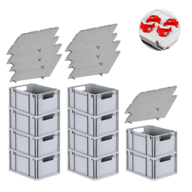 PROREGAL Spar Set 10x Eurobox Nextgen Economy Mit Auflagedeckel & 4x Schiebeschnappverschlüsse Rot Griffe Offen HxBxT 22 x 30 x 40 cm 20 Liter von PROREGAL