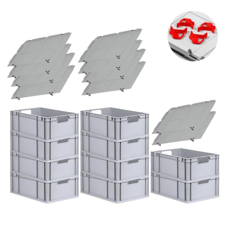 PROREGAL Spar Set 10x Eurobox Nextgen Economy Mit Auflagedeckel & 4x Schiebeschnappverschlüsse Rot Griffe Offen HxBxT 22 x 40 x 60 cm 44 Liter von PROREGAL