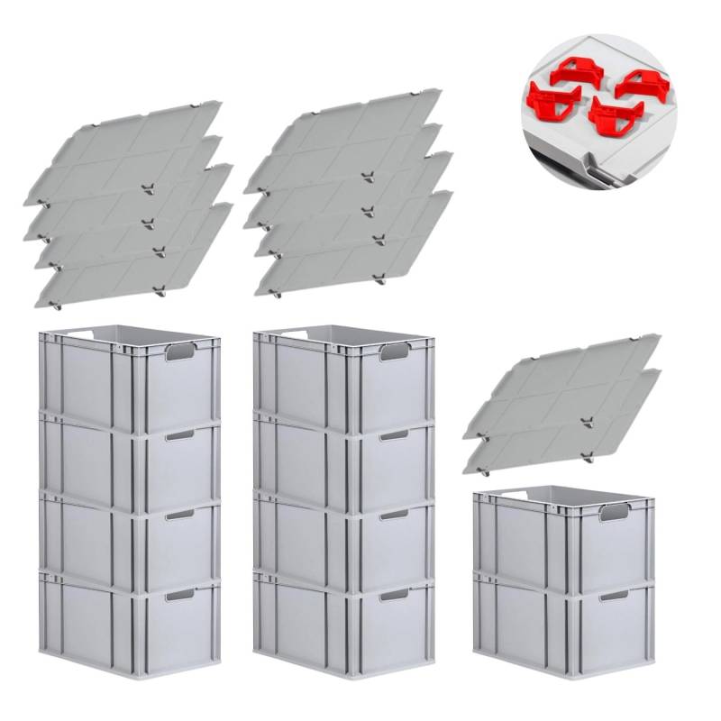 PROREGAL Spar Set 10x Eurobox Nextgen Economy Mit Auflagedeckel & 4x Schiebeschnappverschlüsse Rot Griffe Offen HxBxT 32 x 40 x 60 cm 65 Liter von PROREGAL