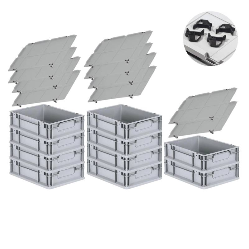 PROREGAL Spar Set 10x Eurobox Nextgen Economy Mit Auflagedeckel & 4x Schiebeschnappverschlüsse Schwarz Griffe Geschlossen HxBxT 12 x 30 x 40 cm von PROREGAL