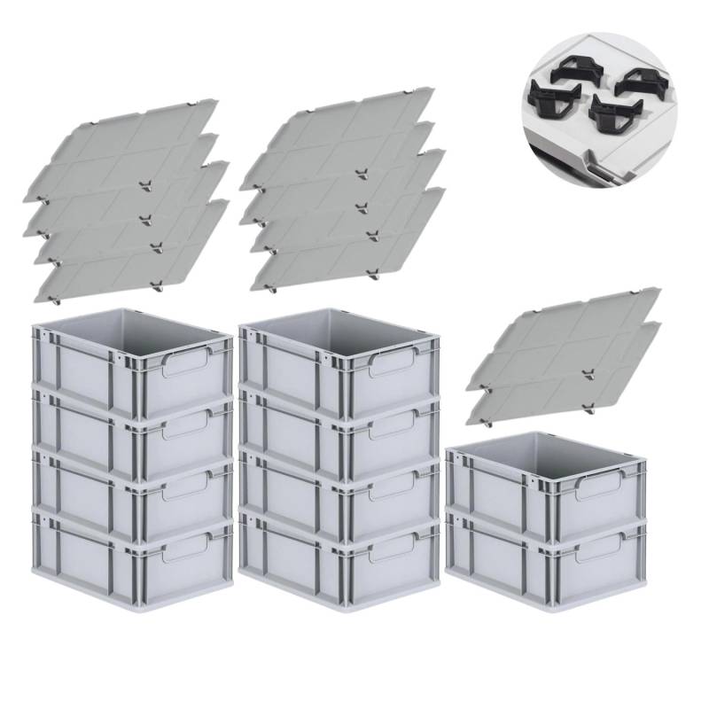 PROREGAL Spar Set 10x Eurobox Nextgen Economy Mit Auflagedeckel & 4x Schiebeschnappverschlüsse Schwarz Griffe Geschlossen HxBxT 17 x 30 x 40 cm von PROREGAL