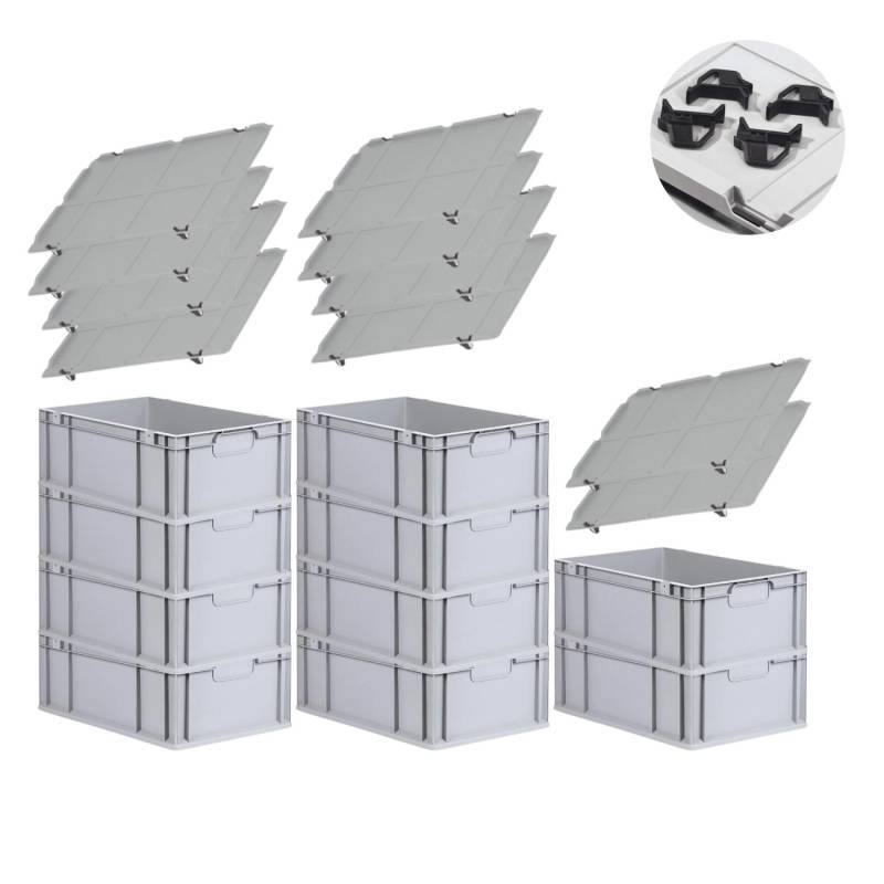 PROREGAL Spar Set 10x Eurobox Nextgen Economy Mit Auflagedeckel & 4x Schiebeschnappverschlüsse Schwarz Griffe Geschlossen HxBxT 22 x 40 x 60 cm von PROREGAL