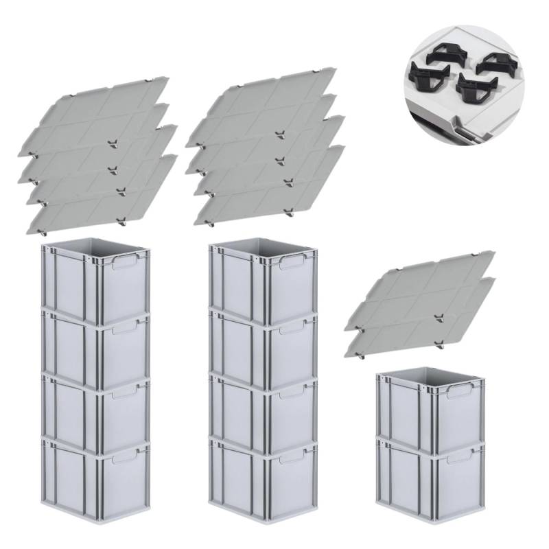 PROREGAL Spar Set 10x Eurobox Nextgen Economy Mit Auflagedeckel & 4x Schiebeschnappverschlüsse Schwarz Griffe Geschlossen HxBxT 32 x 30 x 40 cm von PROREGAL