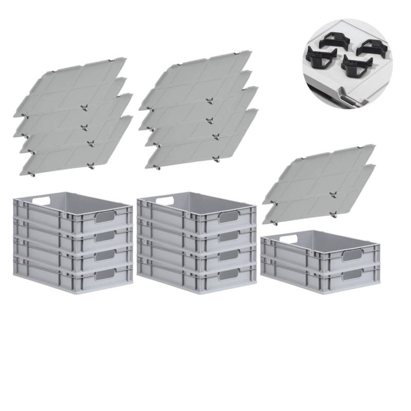 PROREGAL Spar Set 10x Eurobox Nextgen Economy Mit Auflagedeckel & 4x Schiebeschnappverschlüsse Schwarz Griffe Offen HxBxT 12 x 40 x 60 cm 23 Liter von PROREGAL
