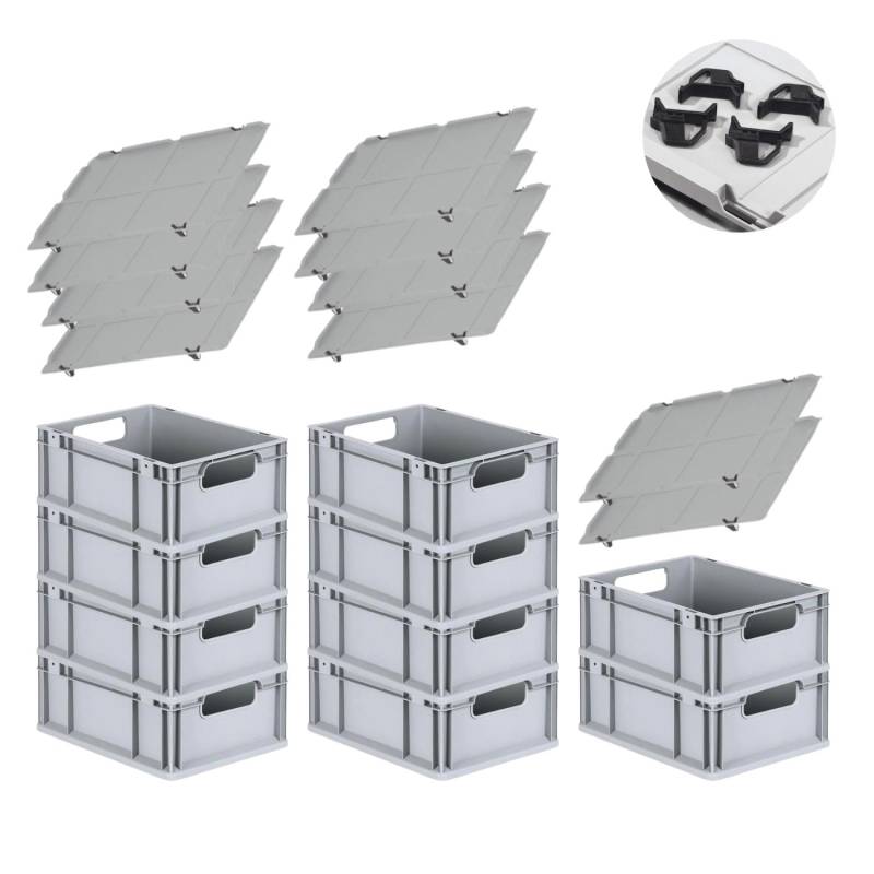 PROREGAL Spar Set 10x Eurobox Nextgen Economy Mit Auflagedeckel & 4x Schiebeschnappverschlüsse Schwarz Griffe Offen HxBxT 17 x 30 x 40 cm 16 Liter von PROREGAL