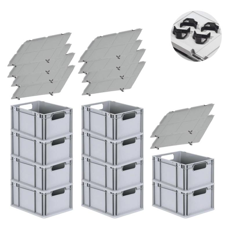 PROREGAL Spar Set 10x Eurobox Nextgen Economy Mit Auflagedeckel & 4x Schiebeschnappverschlüsse Schwarz Griffe Offen HxBxT 22 x 30 x 40 cm 20 Liter von PROREGAL