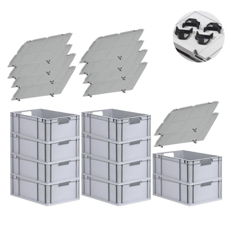 PROREGAL Spar Set 10x Eurobox Nextgen Economy Mit Auflagedeckel & 4x Schiebeschnappverschlüsse Schwarz Griffe Offen HxBxT 22 x 40 x 60 cm 44 Liter von PROREGAL