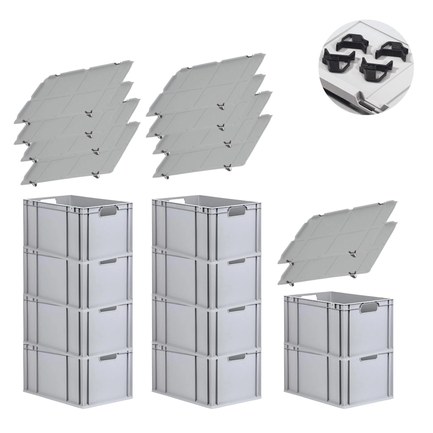 PROREGAL Spar Set 10x Eurobox Nextgen Economy Mit Auflagedeckel & 4x Schiebeschnappverschlüsse Schwarz Griffe Offen HxBxT 32 x 40 x 60 cm 65 Liter von PROREGAL
