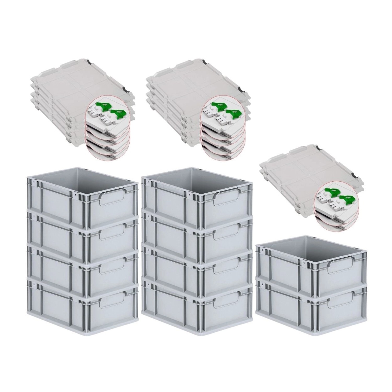 PROREGAL Spar Set 10x Eurobox Nextgen Economy Mit Scharnierdeckel & Grünen Schiebeschnappverschlüssen Griffe Geschlossen HxBxT 17 x 30 x 40 cm von PROREGAL