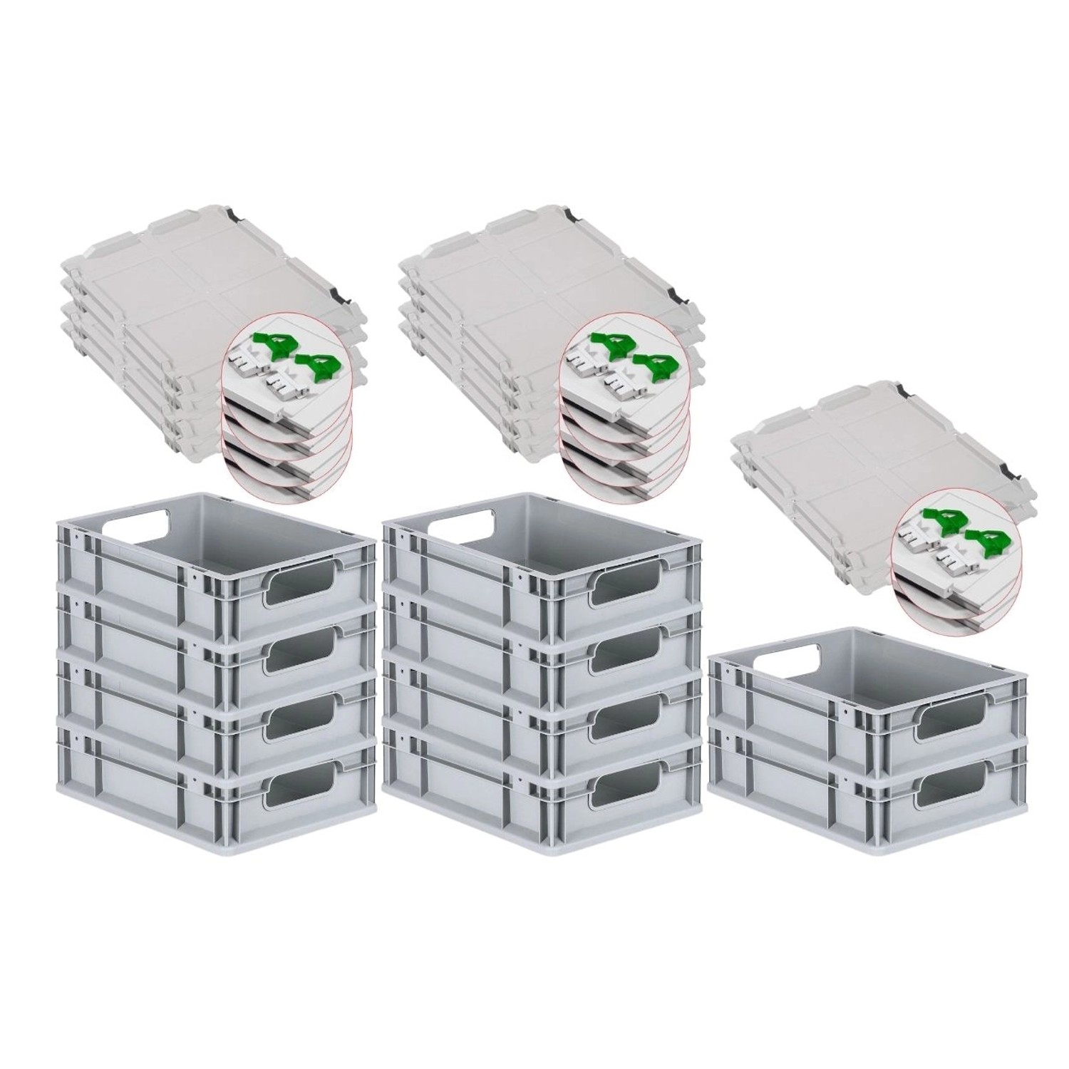 PROREGAL Spar Set 10x Eurobox Nextgen Economy Mit Scharnierdeckel & Grünen Schiebeschnappverschlüssen Griffe Offen HxBxT 12 x 30 x 40 cm 11 Liter von PROREGAL