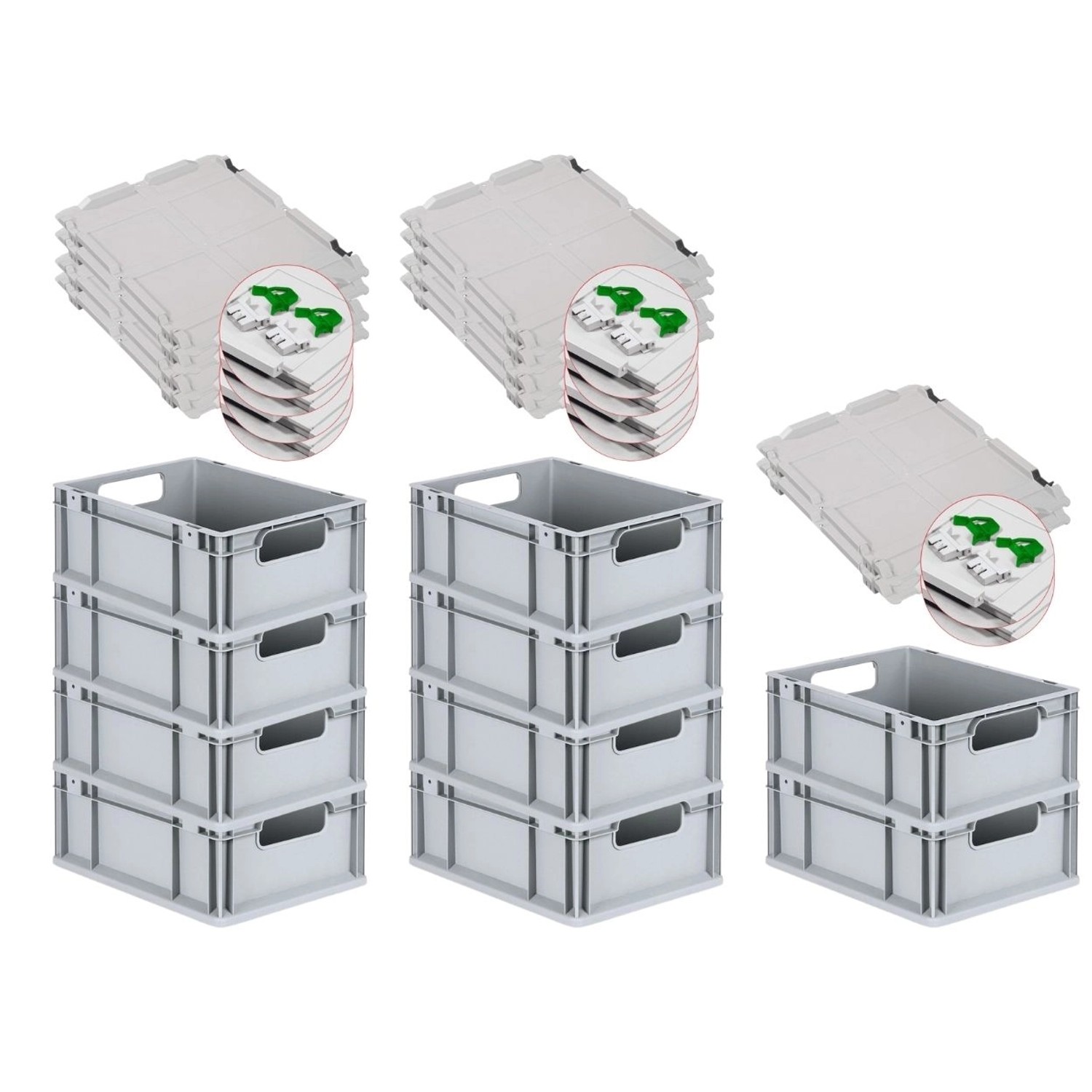 PROREGAL Spar Set 10x Eurobox Nextgen Economy Mit Scharnierdeckel & Grünen Schiebeschnappverschlüssen Griffe Offen HxBxT 17 x 30 x 40 cm 16 Liter von PROREGAL