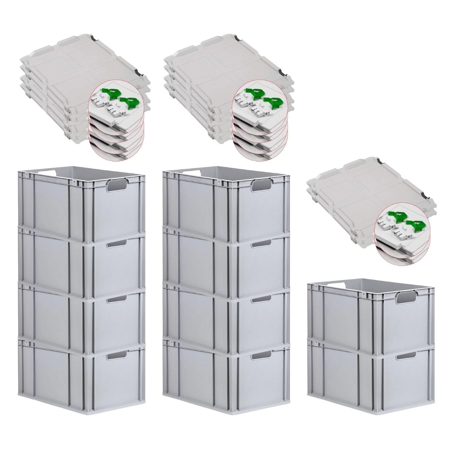 PROREGAL Spar Set 10x Eurobox Nextgen Economy Mit Scharnierdeckel & Grünen Schiebeschnappverschlüssen Griffe Offen HxBxT 32 x 40 x 60 cm 65 Liter von PROREGAL