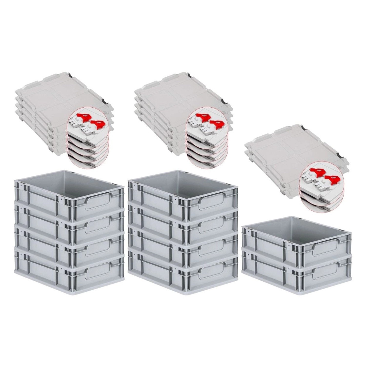 PROREGAL Spar Set 10x Eurobox Nextgen Economy Mit Scharnierdeckel & Roten Schiebeschnappverschlüsse Griffe Geschlossen HxBxT 12 x 30 x 40 cm 11 Liter von PROREGAL