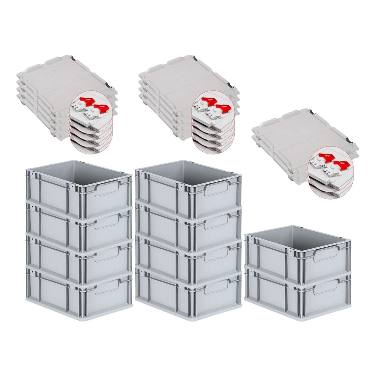 PROREGAL Spar Set 10x Eurobox Nextgen Economy Mit Scharnierdeckel & Roten Schiebeschnappverschlüsse Griffe Geschlossen HxBxT 17 x 30 x 40 cm 16 Liter von PROREGAL