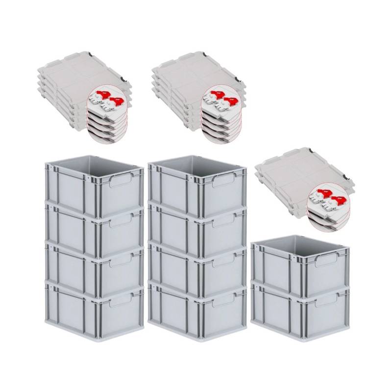 PROREGAL Spar Set 10x Eurobox Nextgen Economy Mit Scharnierdeckel & Roten Schiebeschnappverschlüsse Griffe Geschlossen HxBxT 22 x 30 x 40 cm 20 Liter von PROREGAL