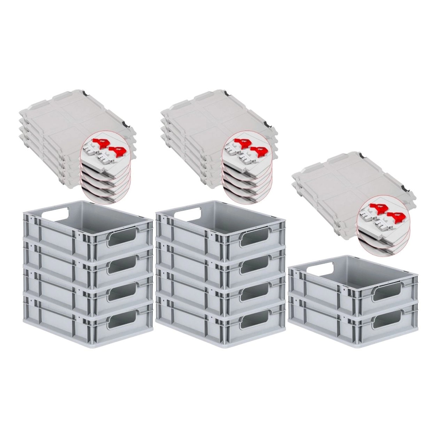 PROREGAL Spar Set 10x Eurobox Nextgen Economy Mit Scharnierdeckel & Roten Schiebeschnappverschlüssen Griffe Offen HxBxT 12 x 30 x 40 cm 11 Liter von PROREGAL