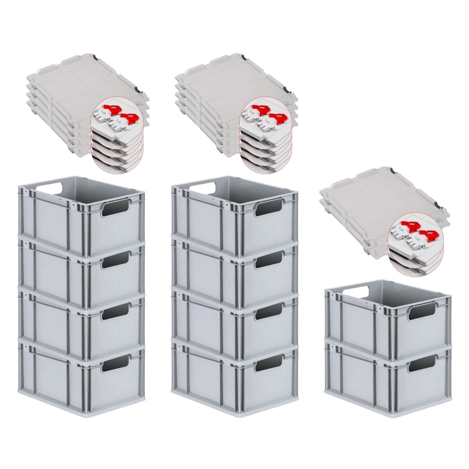 PROREGAL Spar Set 10x Eurobox Nextgen Economy Mit Scharnierdeckel & Roten Schiebeschnappverschlüssen Griffe Offen HxBxT 22 x 30 x 40 cm 20 Liter von PROREGAL