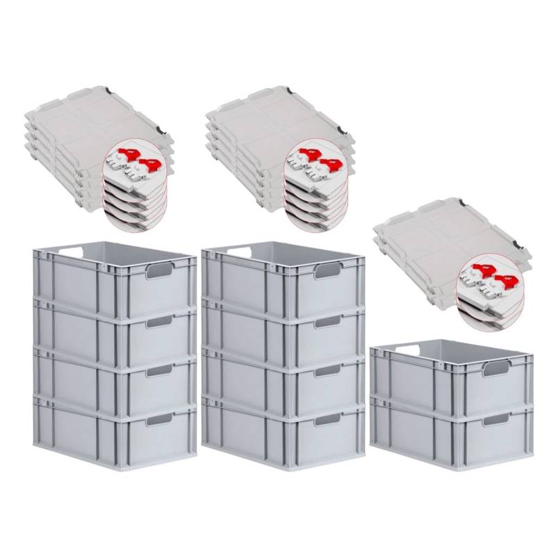 PROREGAL Spar Set 10x Eurobox Nextgen Economy Mit Scharnierdeckel & Roten Schiebeschnappverschlüssen Griffe Offen HxBxT 22 x 40 x 60 cm 44 Liter von PROREGAL