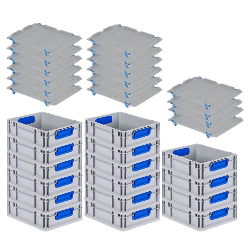 PROREGAL Spar Set 16x Eurobox Nextgen Color Mit Auflagedeckel & Schiebeschnappverschlüsse HxBxT 12 x 30 x 40 cm Griffe Blau Geschlossen Glatter Boden von PROREGAL